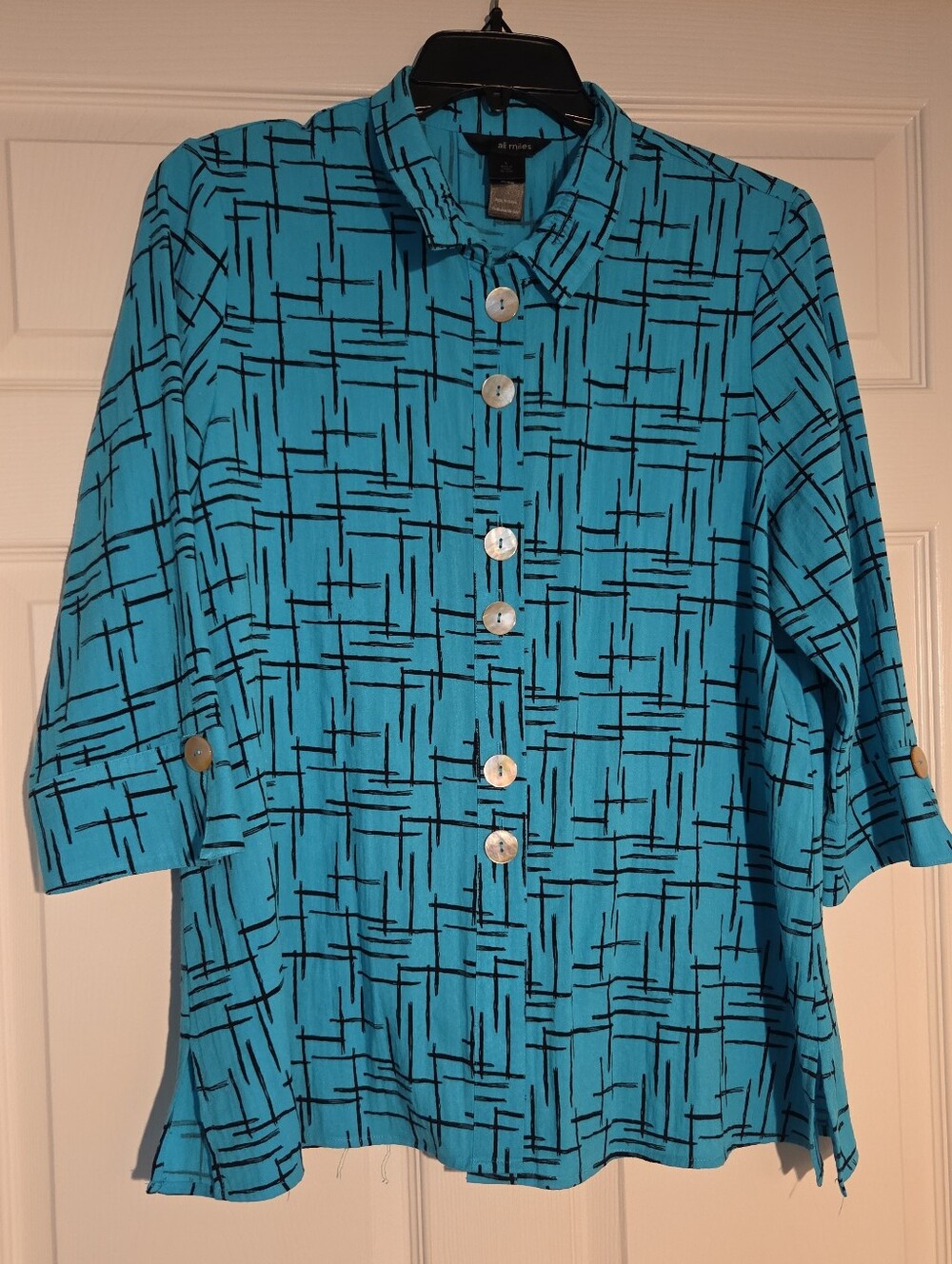 Ali Miles Women Large Turquoise Abstract Geometric Button Front Bell Sleeve Top